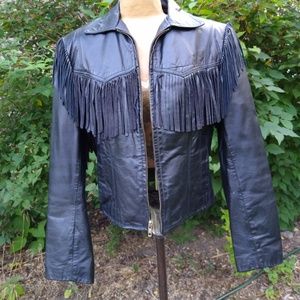 Black fringed genuine leather jacket size 12
